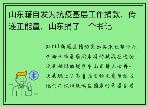 山东籍自发为抗疫基层工作捐款，传递正能量，山东捐了一个书记