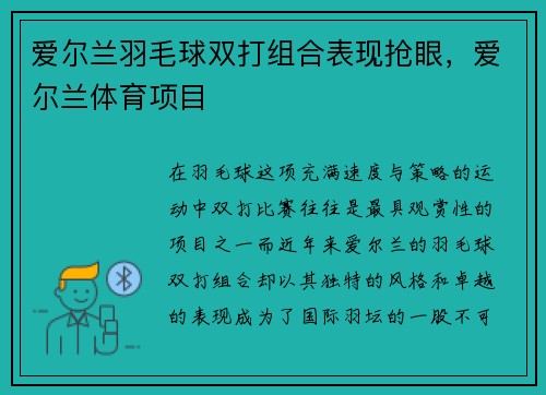 爱尔兰羽毛球双打组合表现抢眼，爱尔兰体育项目