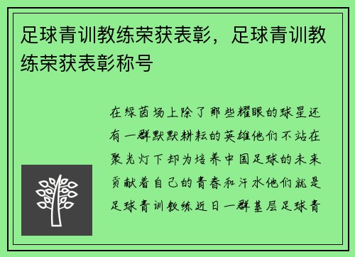 足球青训教练荣获表彰，足球青训教练荣获表彰称号