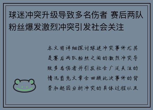 球迷冲突升级导致多名伤者 赛后两队粉丝爆发激烈冲突引发社会关注